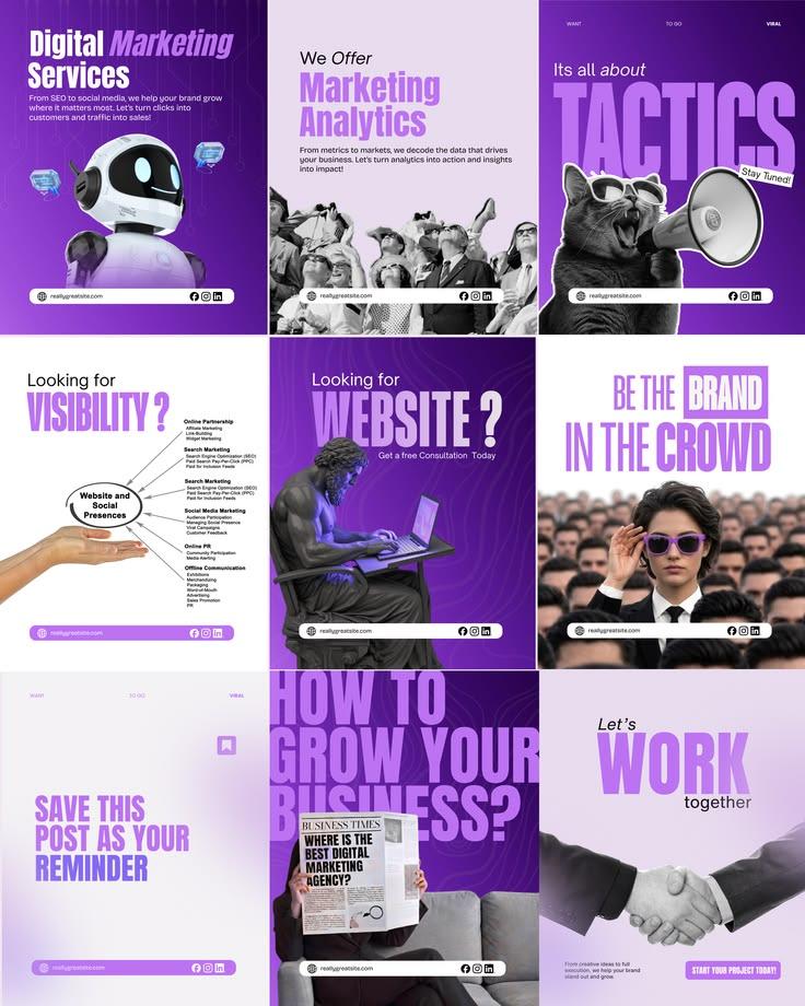 Purple and white marketing Instagram grid with coordinated headlines and campaign graphics