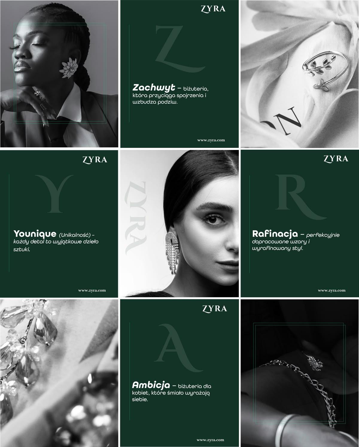 Deep green Instagram grid alternating monochrome portraits with minimal typography