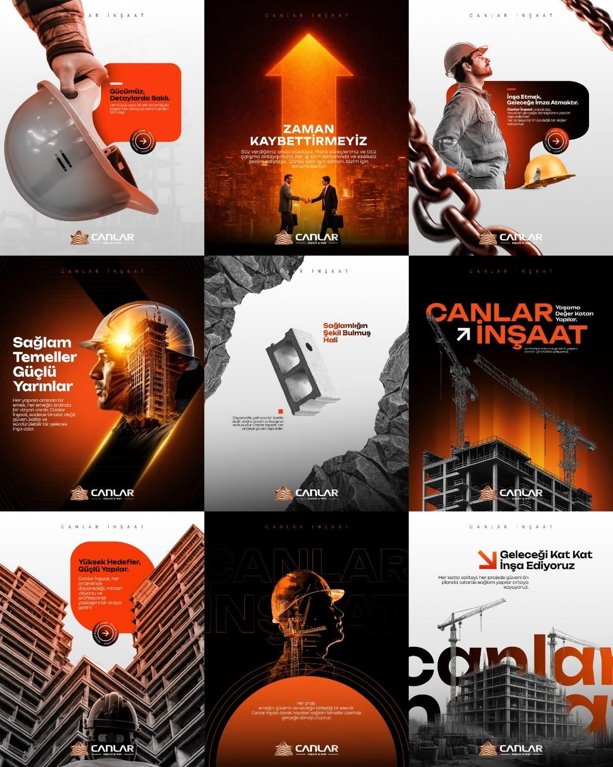 Orange and black Instagram grid with architectural imagery and bold typography