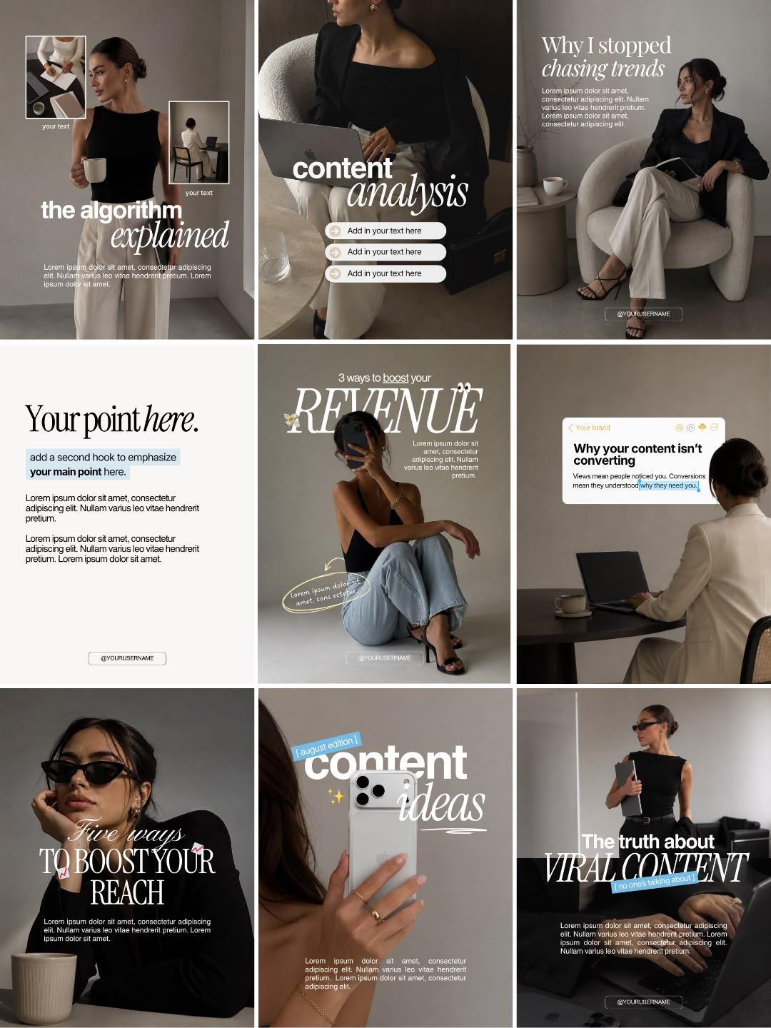 Neutral-toned creator Instagram grid combining lifestyle photographs with content tips