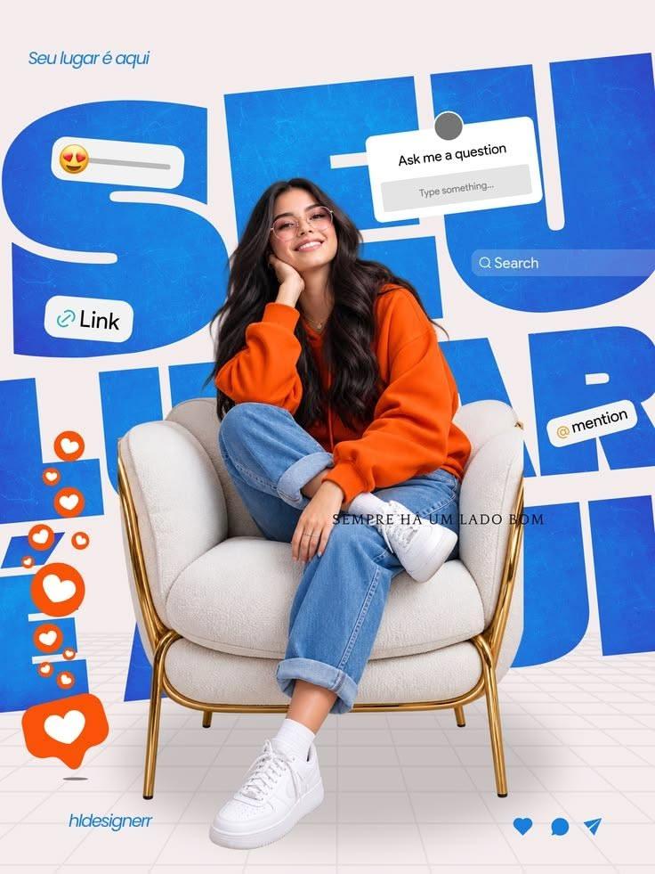 Blue and white social media post featuring a seated woman and floating interface elements