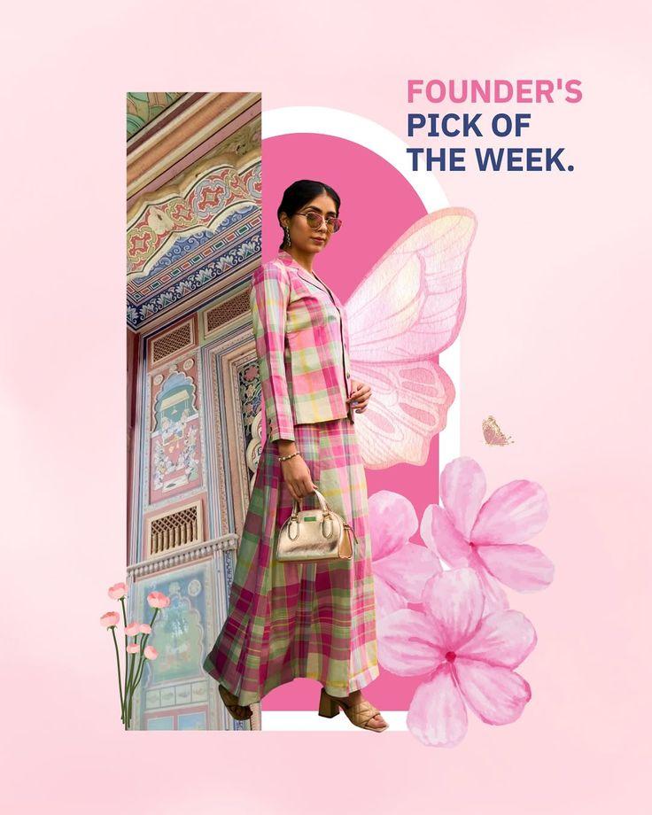 Pink fashion Instagram post featuring a model, flowers, and a founder’s pick headline